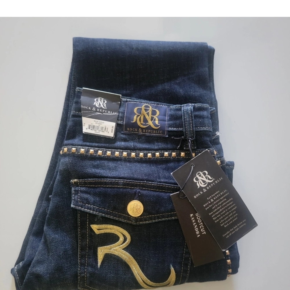 ROCK & REPUBLIC “Kasandra” Dark Blue Boot Cut  Gold Studded Jeans Msrp $98 Sz 8